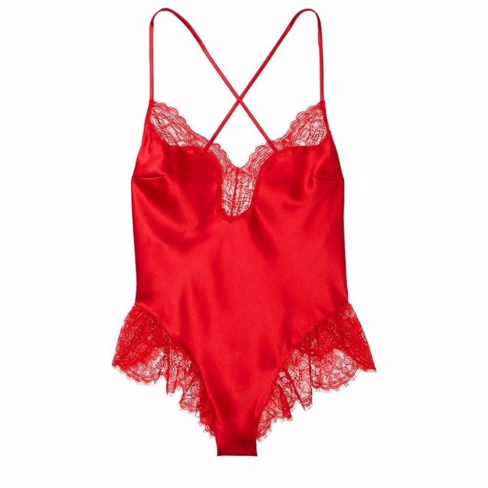 Victoria's Secret Satin Lace High-Leg Romper in red